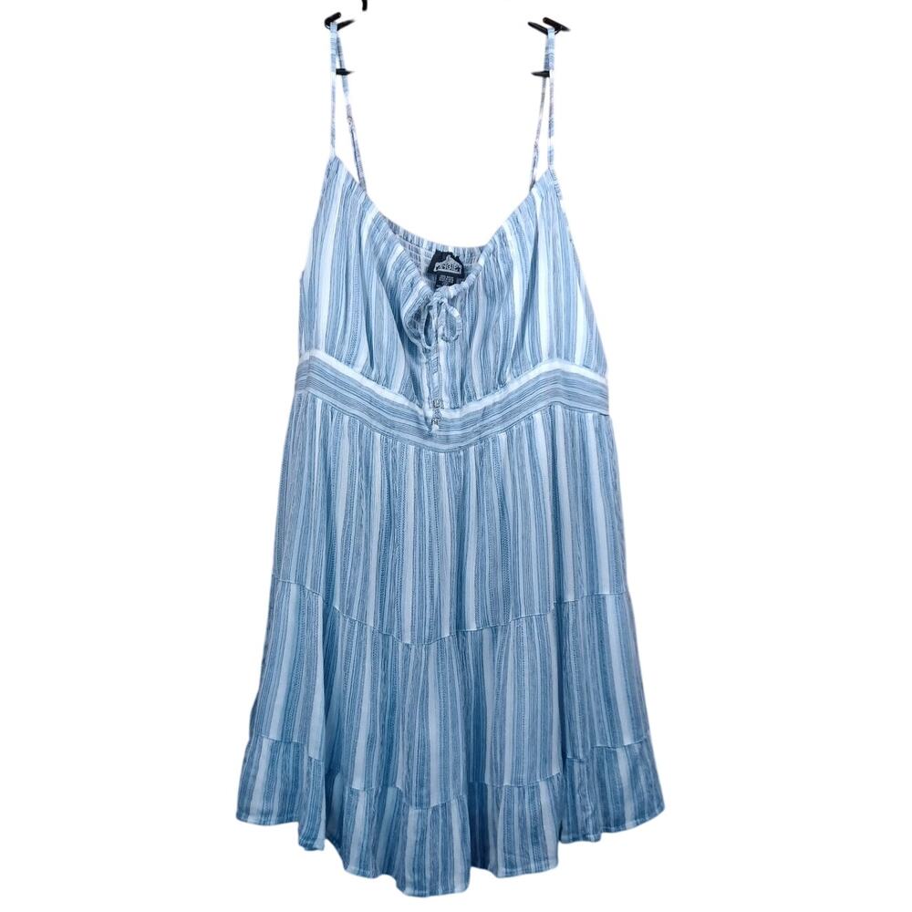 Angie Plus Size 2X Blue White Striped Tiered Boho Sundress Tie Front Beach Gauze - Picture 2 of 7